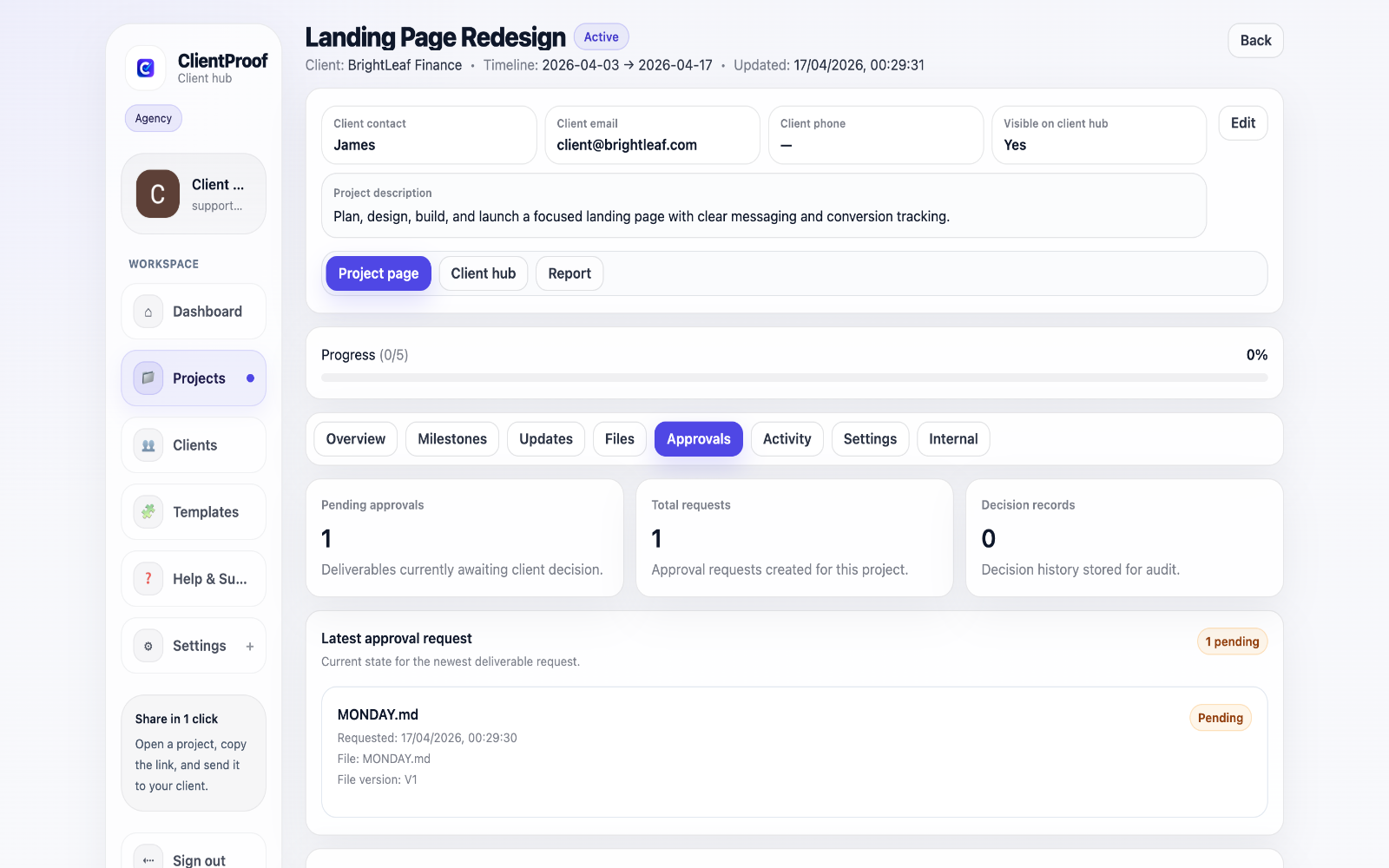 ClientProof approvals screen with clear decision history
