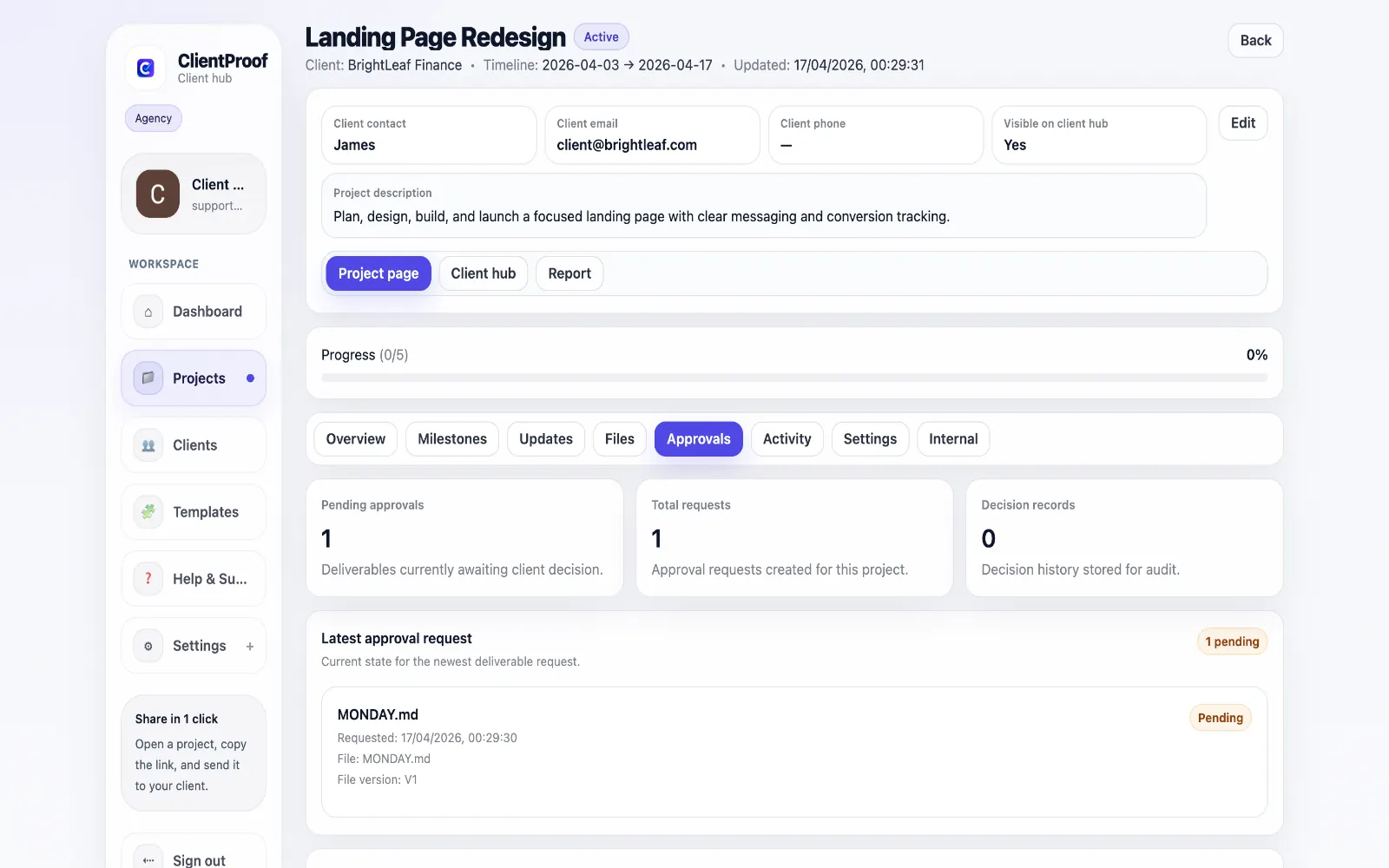 ClientProof approval screen with timestamped decision history