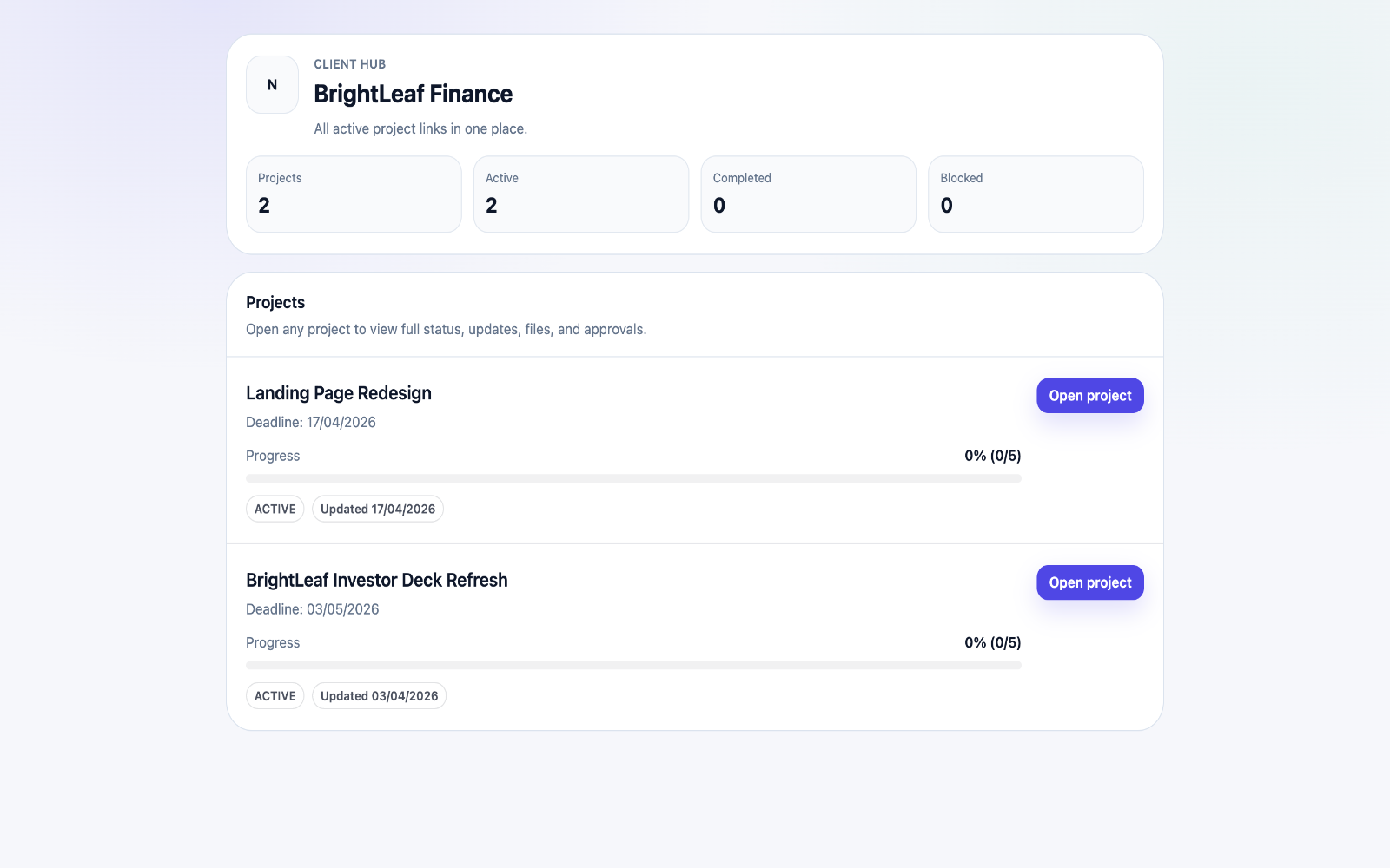 ClientProof dashboard showing client delivery status overview