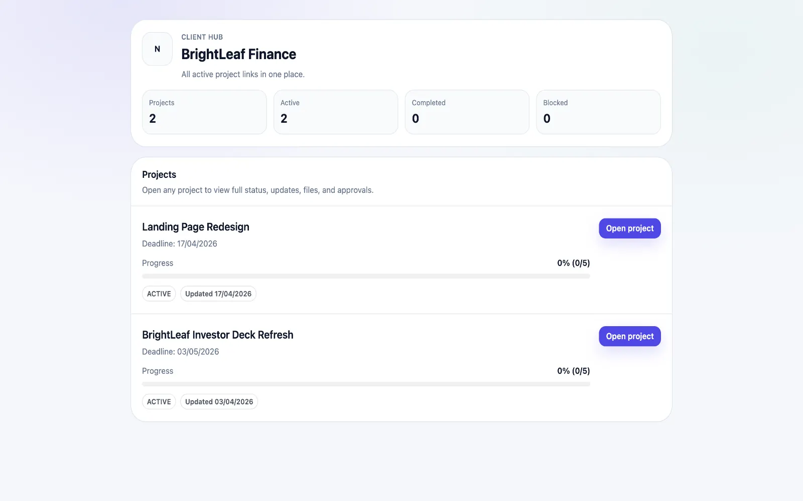 ClientProof dashboard showing client delivery status overview