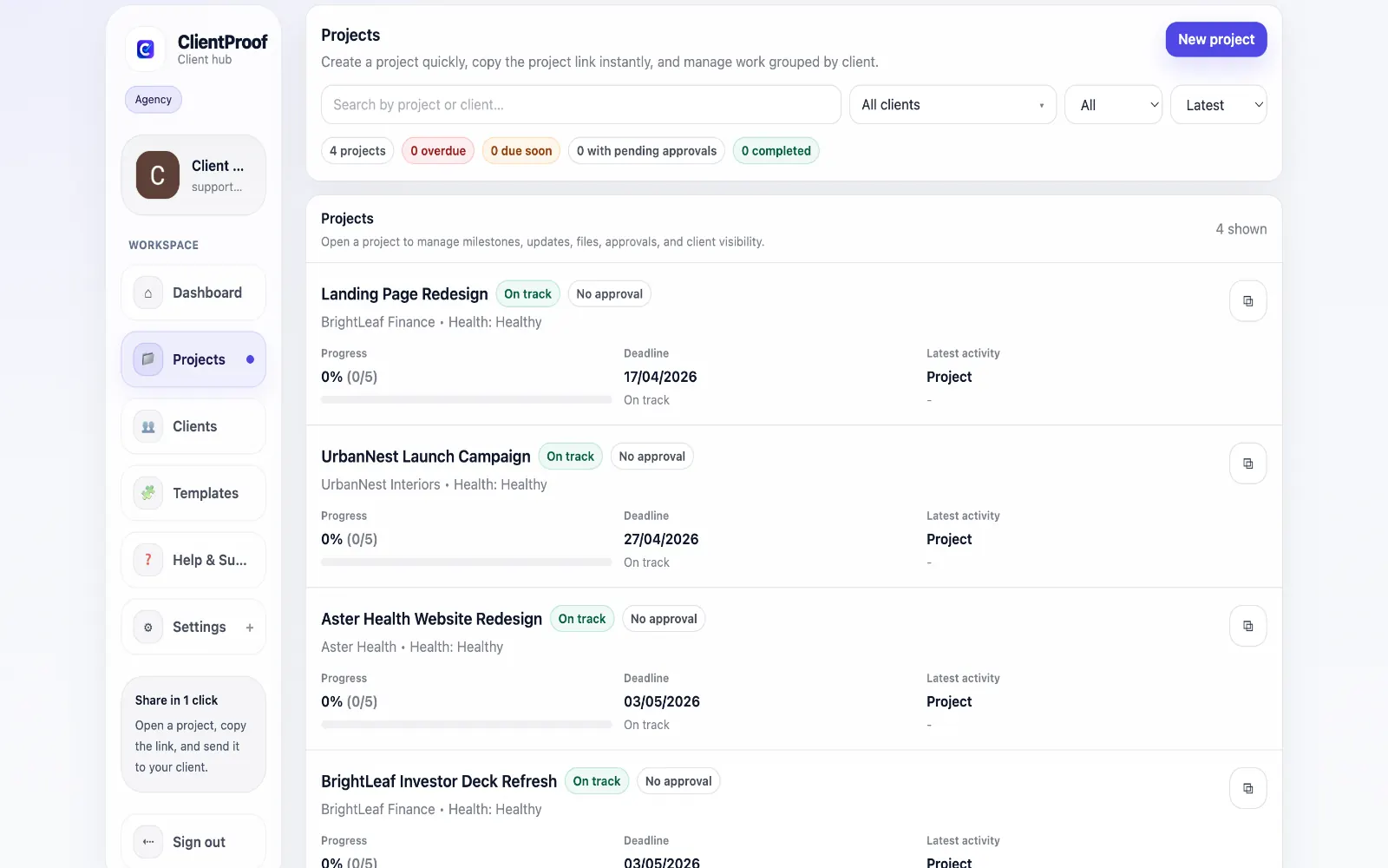 ClientProof project page with milestones and status visibility